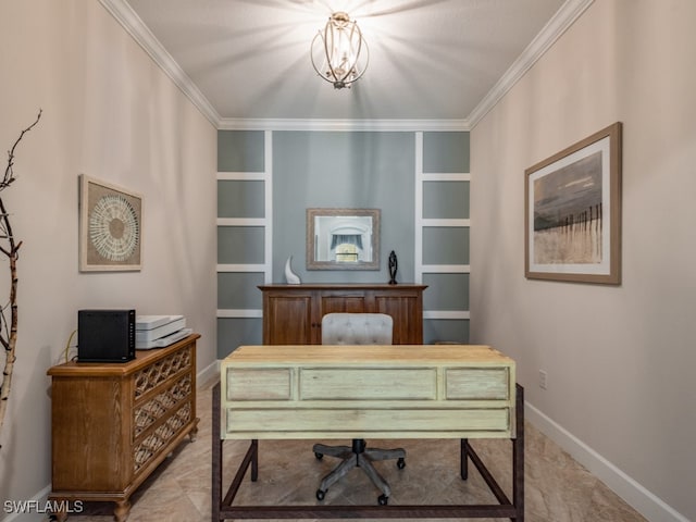 home office featuring built in shelves and ornamental molding