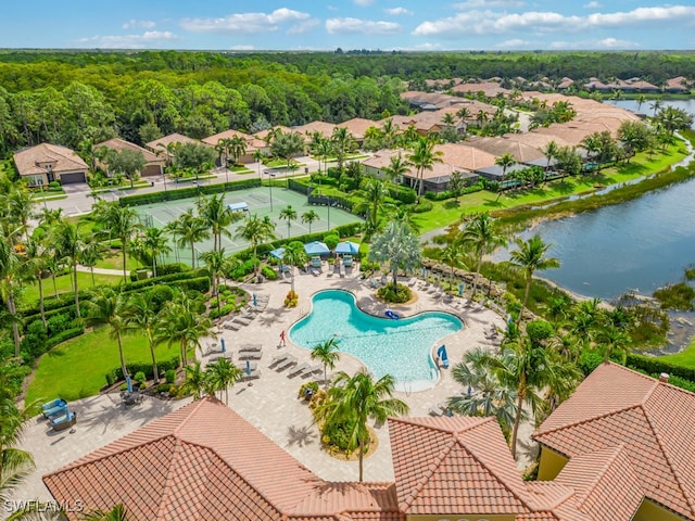 bird's eye view with a water view