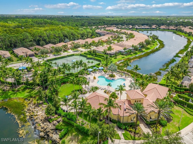 bird's eye view with a water view