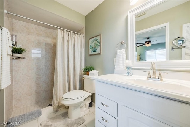 bathroom with a shower with curtain, tile patterned floors, vanity, and ceiling fan