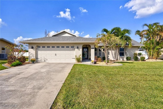 ranch-style house featuring a garage, a front lawn, and central AC