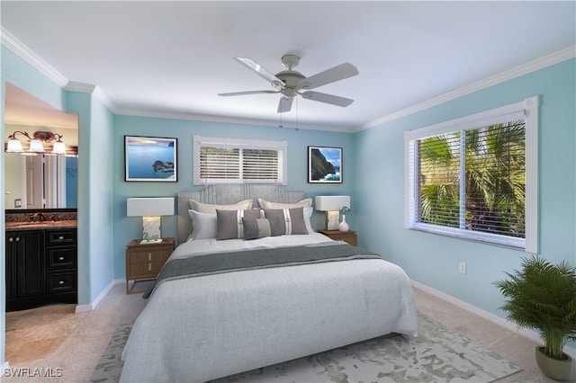 bedroom featuring multiple windows, a sink, and crown molding