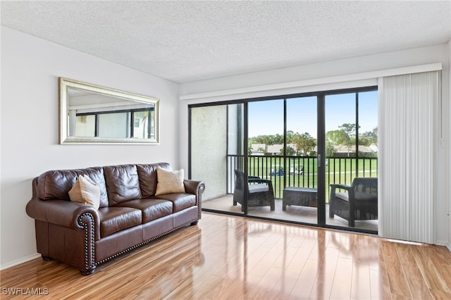 living room with light wood-type flooring and a textured ceiling