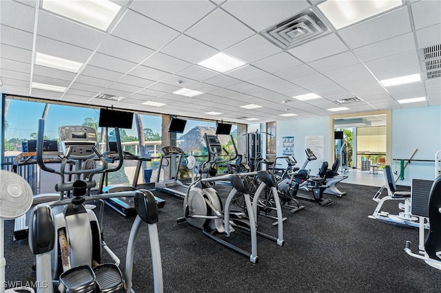 workout area featuring a drop ceiling, a wall of windows, and a wealth of natural light