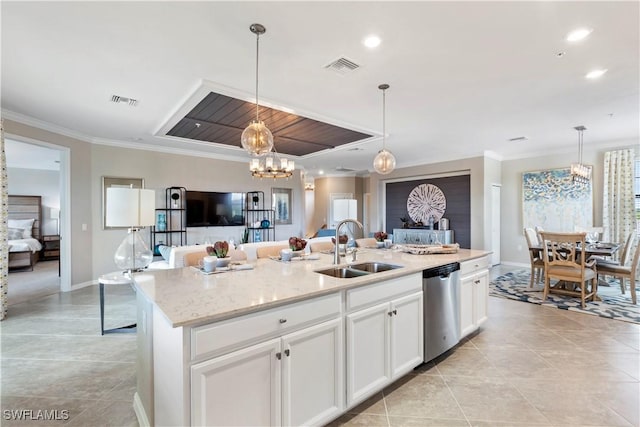 16564 Kingwood Ln Unit 35-201, Babcock Ranch, FL 33982 - kitchen featuring visible vents, ornamental molding, a sink, open floor plan, and stainless steel dishwasher