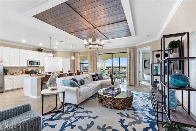 living room with crown molding, wood ceiling, a chandelier, and light tile patterned floors