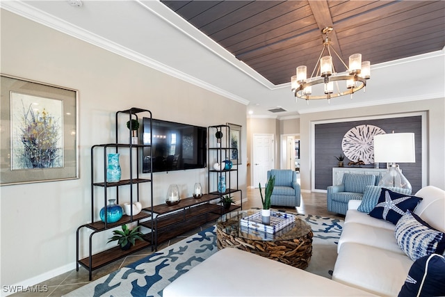 living room featuring ornamental molding, an inviting chandelier, and wooden ceiling