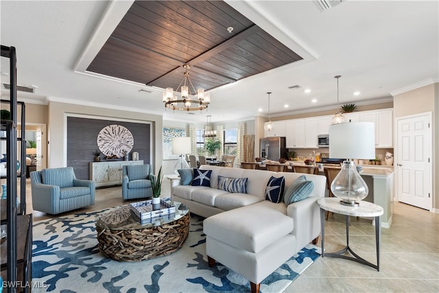 living room featuring light tile patterned flooring, wood ceiling, a notable chandelier, and ornamental molding