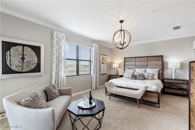 carpeted bedroom featuring an inviting chandelier and crown molding