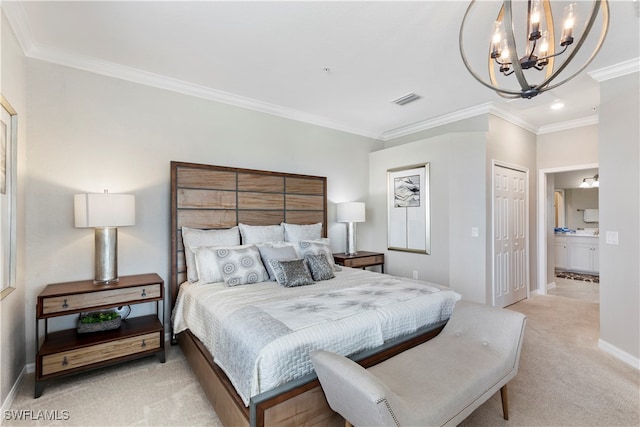 carpeted bedroom with a closet, an inviting chandelier, connected bathroom, and crown molding