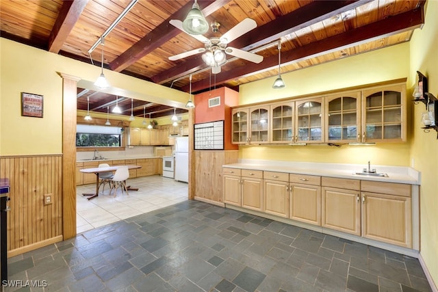 18191 Slater Rd, North Fort Myers, FL 33917 - kitchen with beamed ceiling, wooden ceiling, white appliances, and wood walls