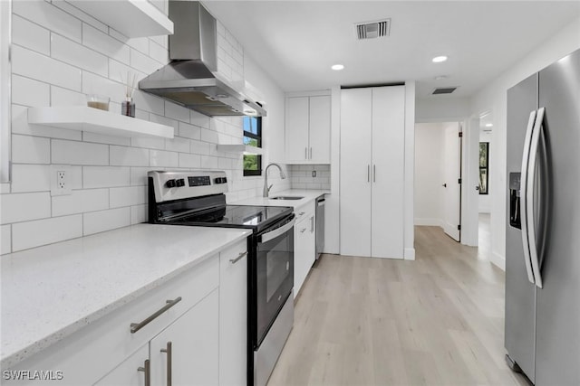 kitchen featuring white cabinetry, stainless steel appliances, wall chimney range hood, light hardwood / wood-style flooring, and backsplash