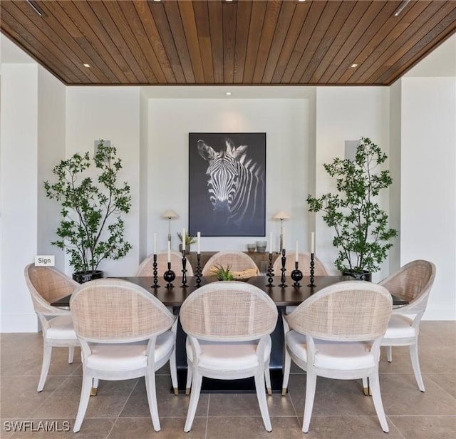 dining space with recessed lighting, wooden ceiling, and light tile patterned floors