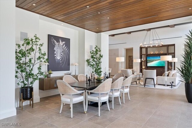 4220 Crayton Rd, Naples, FL 34103 - dining space with wood ceiling, a chandelier, and light tile patterned floors