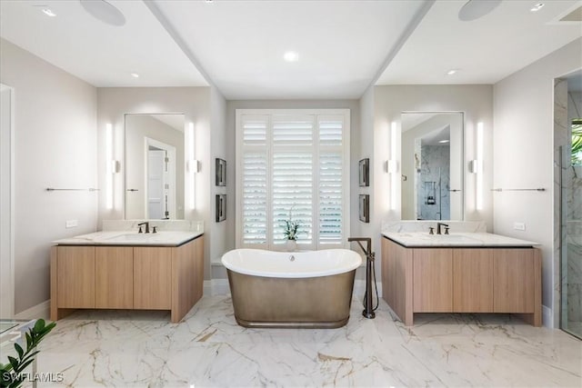 4220 Crayton Rd, Naples, FL 34103 - full bath featuring a marble finish shower, marble tiled flooring, two vanities, and recessed lighting