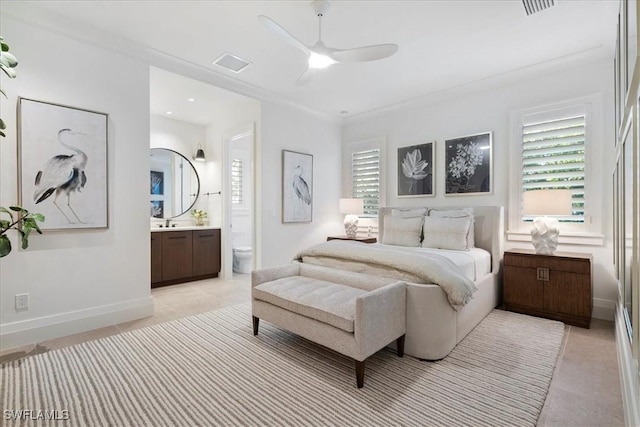 4220 Crayton Rd, Naples, FL 34103 - bedroom featuring ensuite bathroom, baseboards, light tile patterned floors, and ceiling fan