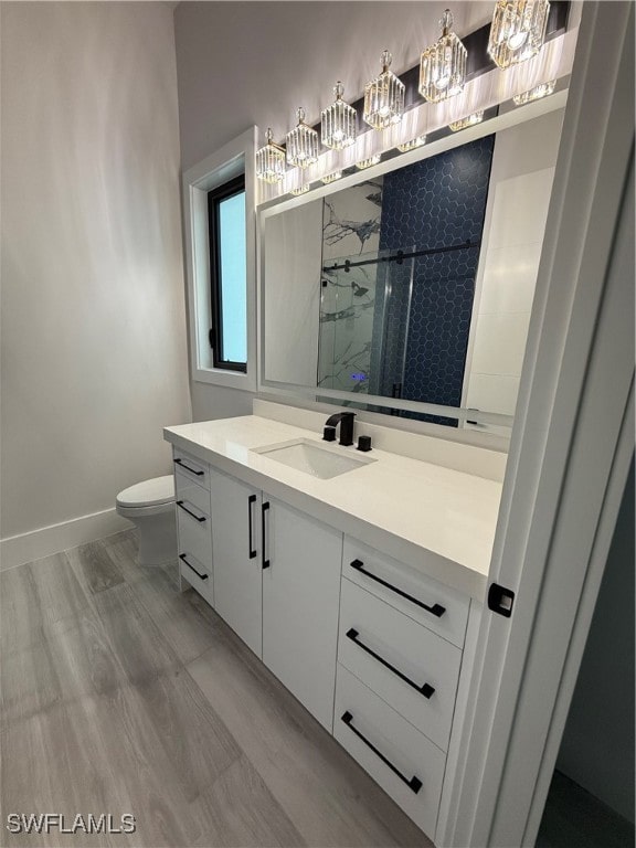 bathroom with a shower, vanity, and toilet