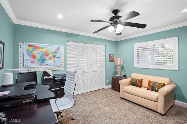 home office with ceiling fan, carpet floors, and crown molding