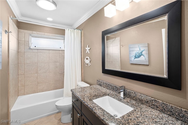 full bathroom with vanity, toilet, ornamental molding, and shower / tub combo with curtain