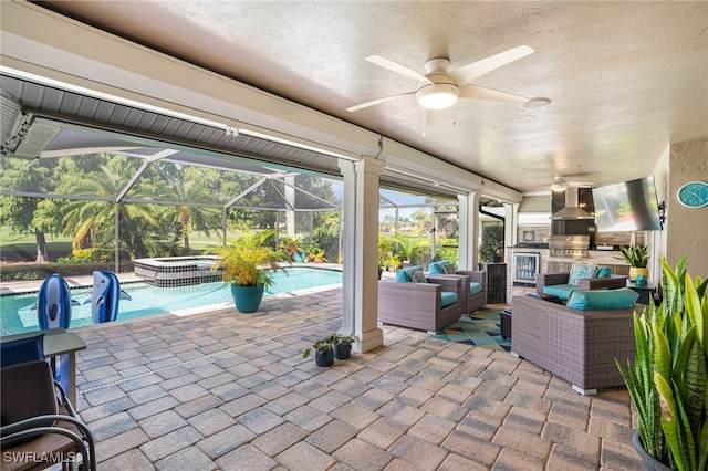 view of patio / terrace featuring area for grilling, ceiling fan, an outdoor living space, and a pool with hot tub