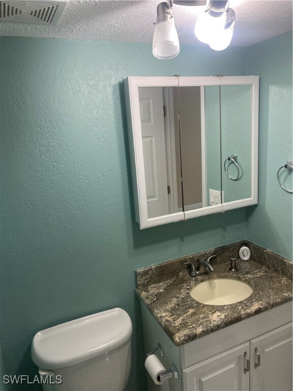 bathroom with toilet, a textured ceiling, and vanity