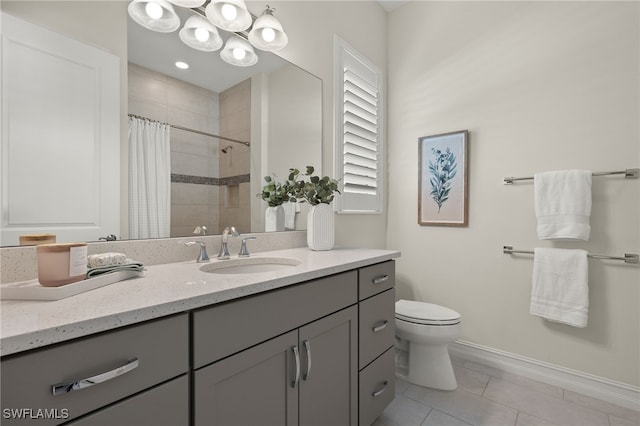 bathroom with walk in shower, tile patterned flooring, vanity, and toilet