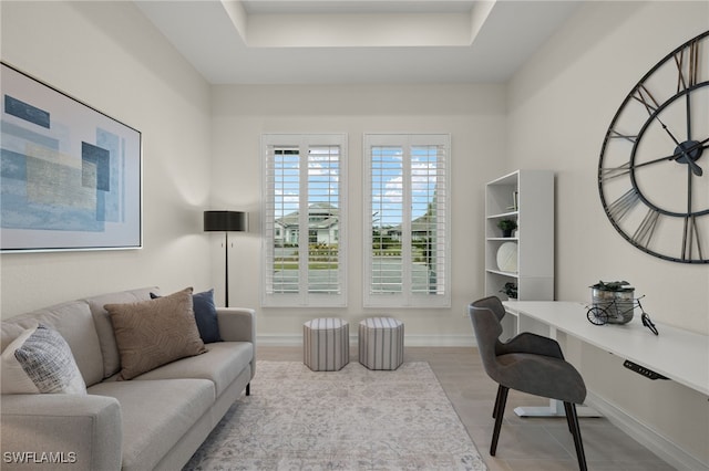 office featuring light hardwood / wood-style flooring and a raised ceiling