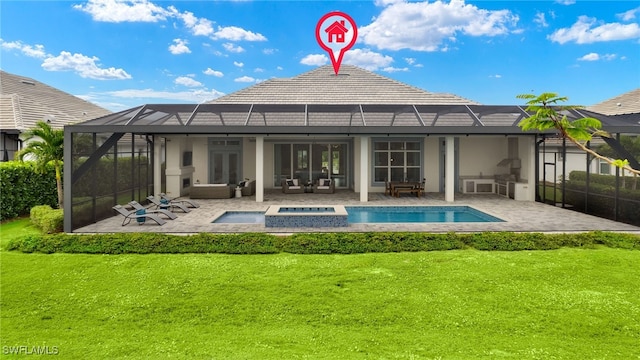 rear view of property featuring a lanai, a pool with hot tub, a yard, and a patio area