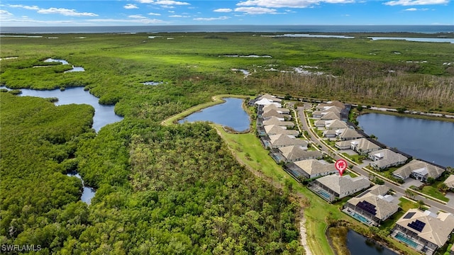 aerial view featuring a water view