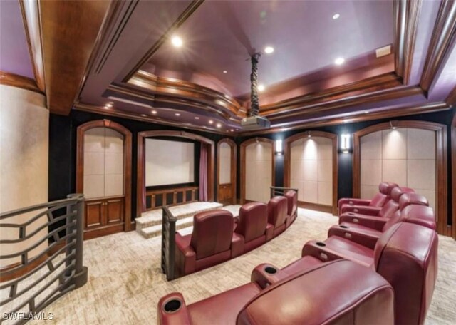 carpeted cinema featuring crown molding and a raised ceiling