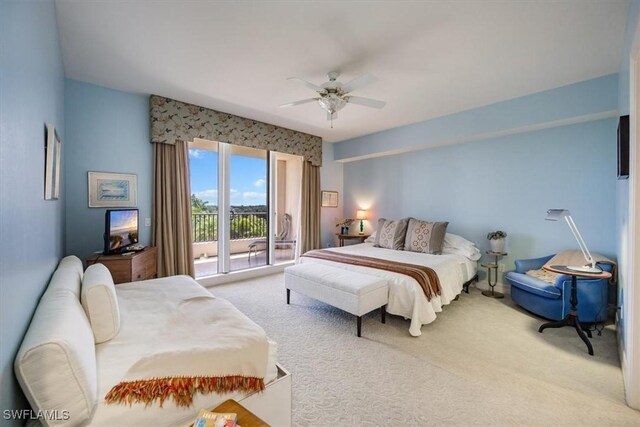 bedroom featuring ceiling fan, access to outside, and light colored carpet