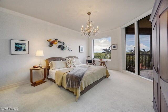 carpeted bedroom featuring crown molding, a notable chandelier, and access to exterior