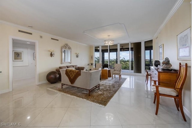 7575 Pelican Bay Blvd Unit 403, Naples, FL 34108 - living area featuring visible vents, baseboards, floor to ceiling windows, and ornamental molding
