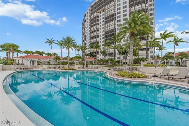 view of swimming pool featuring a patio