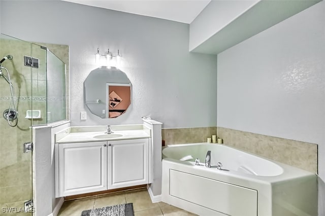 bathroom with vanity, separate shower and tub, and tile patterned floors