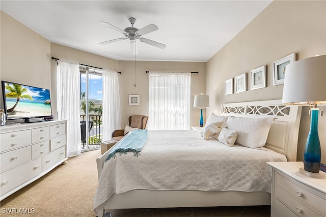 bedroom featuring light colored carpet, access to exterior, and ceiling fan