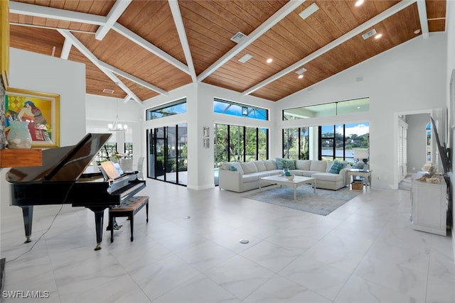 living room featuring a wealth of natural light, high vaulted ceiling, and wooden ceiling