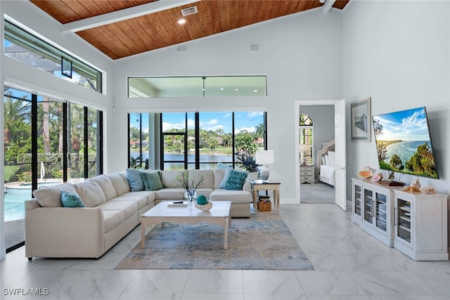 living room featuring wood ceiling, high vaulted ceiling, and a wealth of natural light