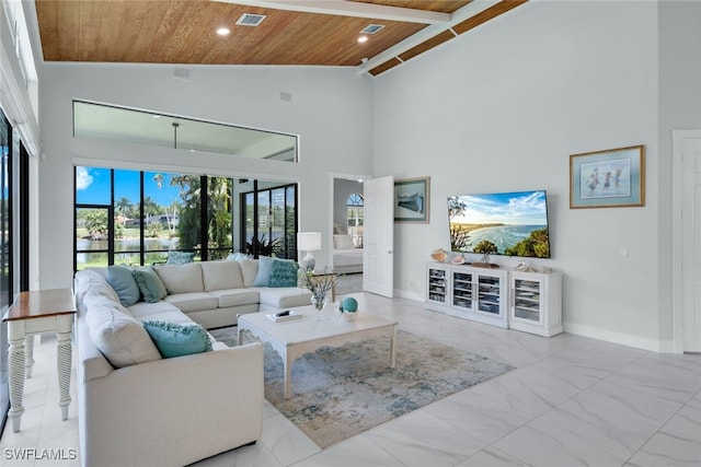 living room featuring high vaulted ceiling and wooden ceiling