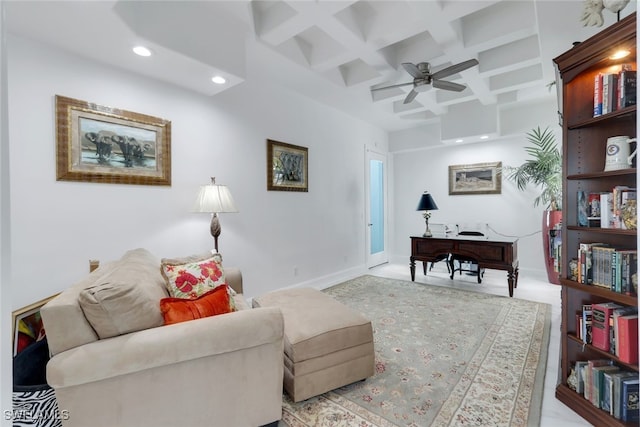 office featuring coffered ceiling, ceiling fan, and beam ceiling