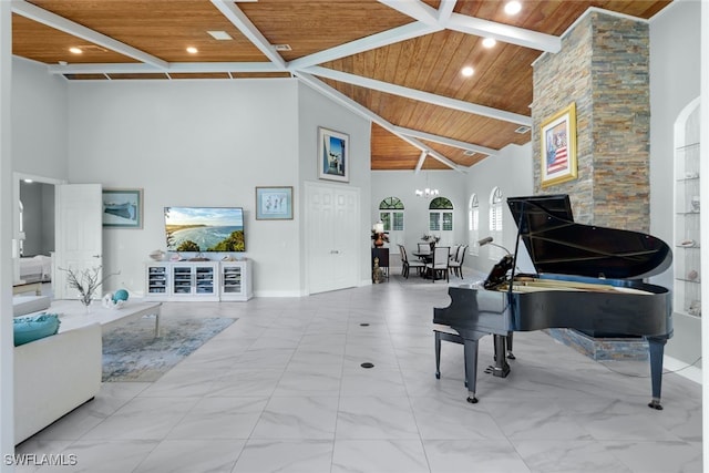 misc room featuring high vaulted ceiling and wooden ceiling