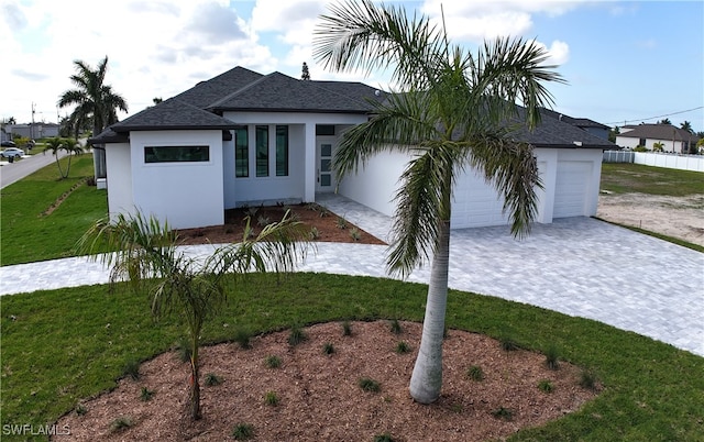 view of front of home with a front lawn and a garage