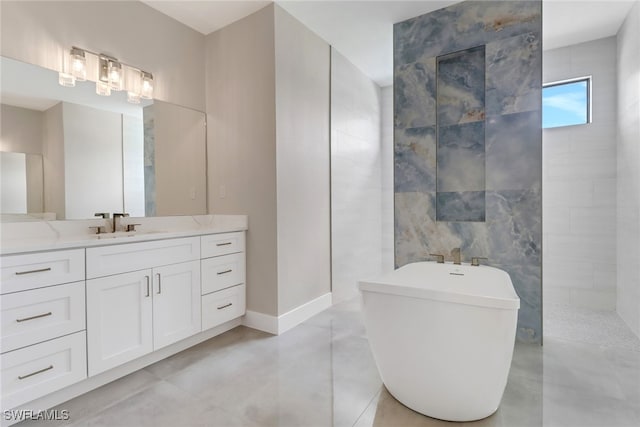 bathroom featuring vanity, tile walls, and independent shower and bath