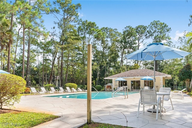 view of swimming pool with a patio area