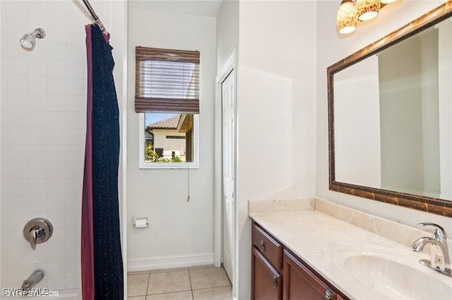 bathroom featuring vanity, tile patterned floors, and shower / bath combination with curtain