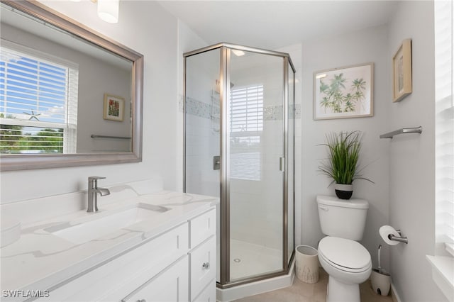 bathroom featuring a stall shower, toilet, and vanity