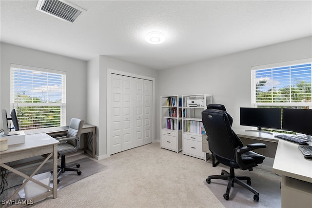 office space with light colored carpet, visible vents, a textured ceiling, and a healthy amount of sunlight