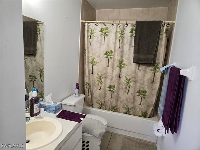 full bathroom featuring tile patterned floors, shower / bath combo, toilet, and vanity