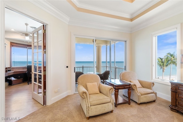 sitting room featuring a raised ceiling, a water view, ornamental molding, light carpet, and baseboards