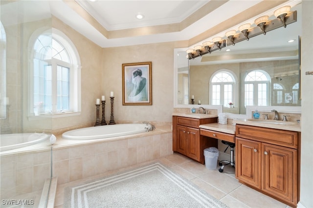 bathroom with vanity, ornamental molding, tile patterned floors, and plus walk in shower